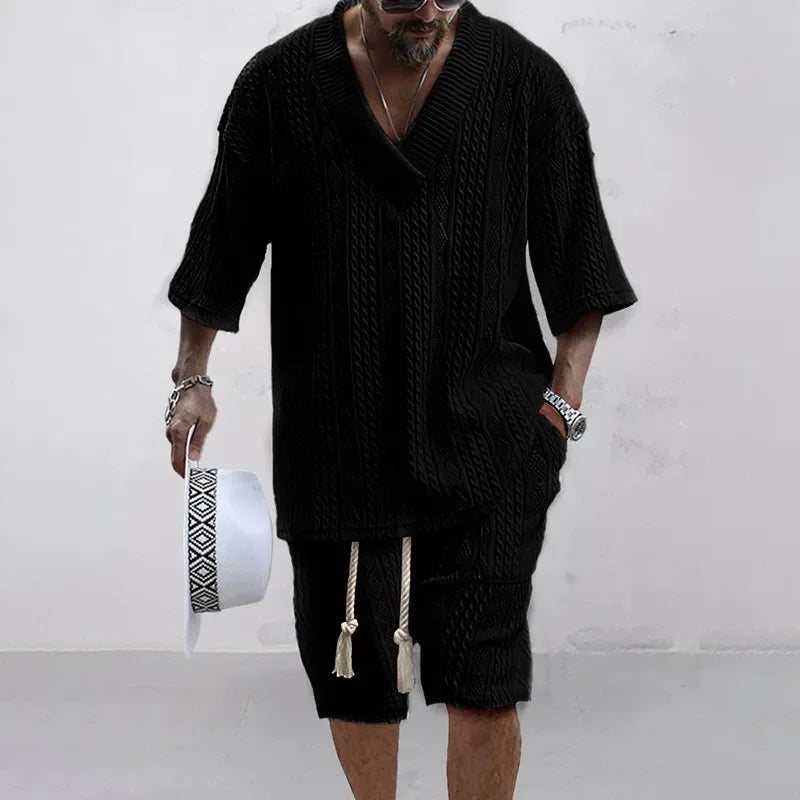 2025 Casual Shorts Set Knitted Two Piece Men's Clothing V-Neck Short Sleeve T-shirt and Shorts Streetwear Knit Outfits