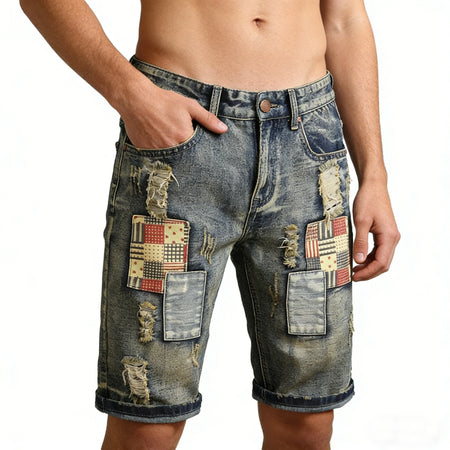 2026 New style Men's summer casual fashion vintage washed denim shorts trendy ripped patchwork vintage style