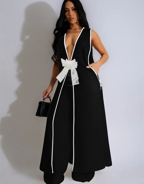 Load image into Gallery viewer, Bow Tie Appliques V-neck Sleeveless Long Top and Wide Leg Pants Matching Sets Women Two Piece Set Elegant Vintage Club Outfits