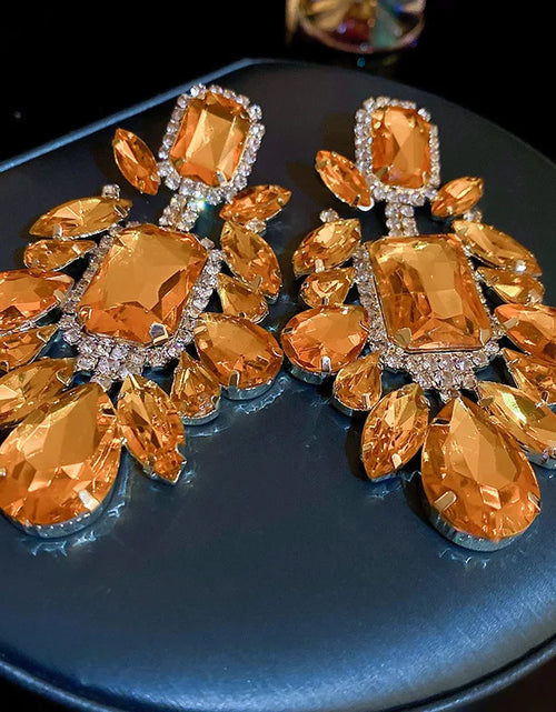 Load image into Gallery viewer, Women's Orange Rhinestone Geometric Dangle Earrings Retro Exaggerated Drop Earrings