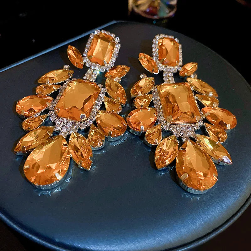 Women's Orange Rhinestone Geometric Dangle Earrings Retro Exaggerated Drop Earrings