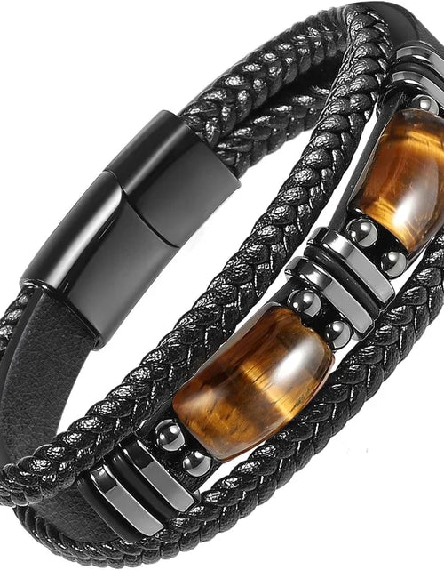 Load image into Gallery viewer, Tiger Eye Black Leather Bracelet Men Natural Gemstone Crystal Stone Jewelry Handmade Courage Stress Relief Protection Bracelet