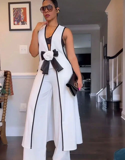 Load image into Gallery viewer, Bow Tie Appliques V-neck Sleeveless Long Top and Wide Leg Pants Matching Sets Women Two Piece Set Elegant Vintage Club Outfits