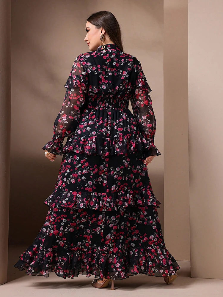 2025 Spring Plus Size Women's Elegant Floral Print Mesh Flare Sleeve Dress