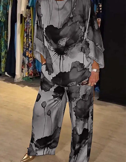 Load image into Gallery viewer, Casual Sets for Women 2 pieces Summer Fashion Printed Satin Two Piece Sets Women Sexy Round Neck Top+Wide Leg Long Pants Outfits