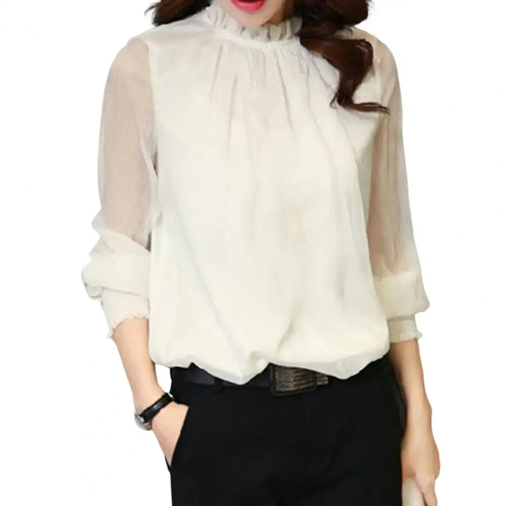 Women's Elegant Chiffon Blouse with Ruffle Collar And Elastic Cuffs Full Sleeve Solid Color Mesh Shirt