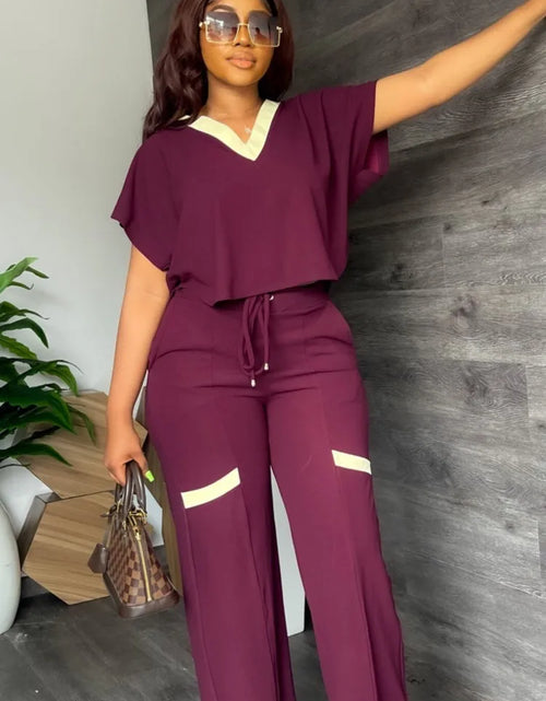 Load image into Gallery viewer, Elegant Women's Casual Short Sleeve T-shirt Sports Suit Summer Fashion Solid V Neck Short Top & Straight Pants Two Piece Sets