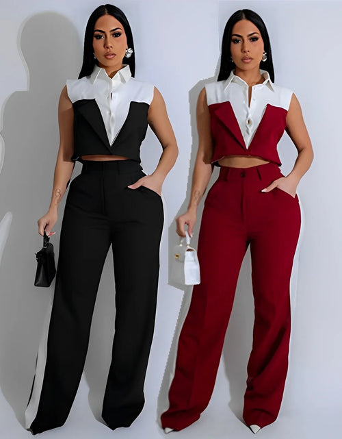 Load image into Gallery viewer, Spring Summer Fashion Color Contrasting Two Piece Set Women Short Sleeve Shirt Top Straight Long Pants Elegant 2 Piece Set Women