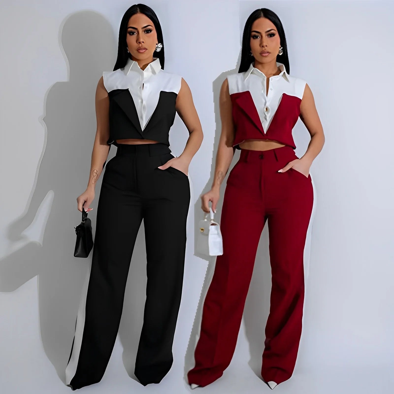 Spring Summer Fashion Color Contrasting Two Piece Set Women Short Sleeve Shirt Top Straight Long Pants Elegant 2 Piece Set Women