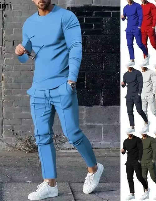 Load image into Gallery viewer, 2025 Spring New Men's Casual Sport Two-pieces Fashion Solid Long Sleeve O-neck T-shirt and Sweatpants Suits Men Tracksuit Outfit
