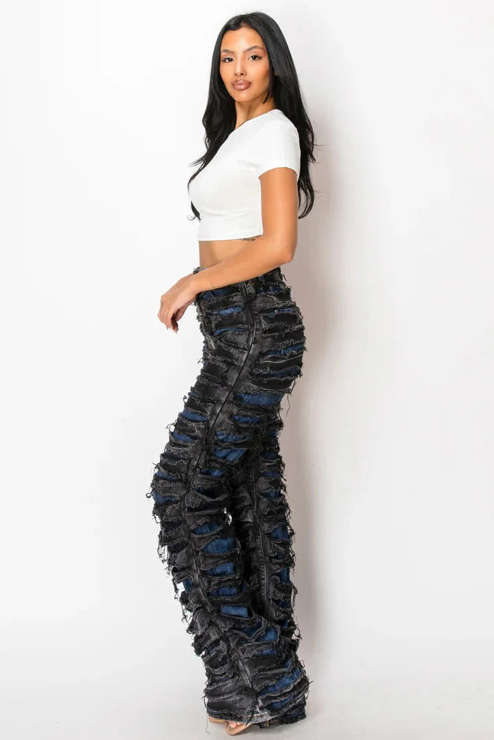Street Denim Pants Women Ripped Out Striped High Waist Zipper Jeans