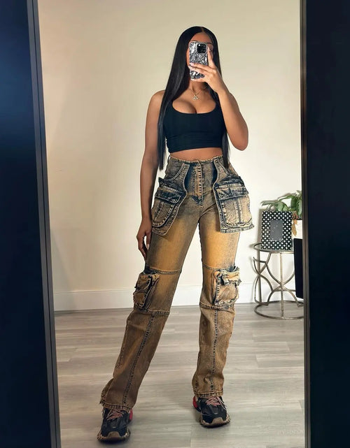 Load image into Gallery viewer, Vintage Washed Distressed Women Jeans Ankle Length Spliced Cargo Pants Denim Pockets High Waist Streetwear Loose Fit