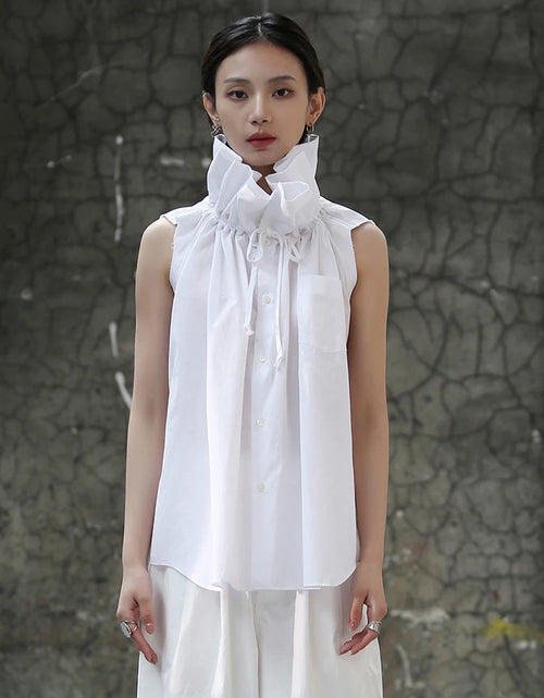 Load image into Gallery viewer, Women White Ruffles Big Size Blouse New Stand Collar Sleeveless Loose Fit Shirt Spring Summer 2025