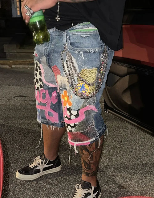 Load image into Gallery viewer, Skull Letter Pattern Patchwork Shorts Men Streetwear Pants Hip Hop Fashion Denim Shorts