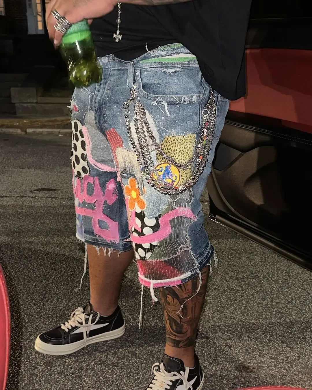 Skull Letter Pattern Patchwork Shorts Men Streetwear Pants Hip Hop Fashion Denim Shorts