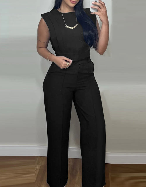 Load image into Gallery viewer, 2025 Spring 2 Pieces Round Neck Cap Sleeve Crop Top and Casual Pocket Design Straight Pants Set