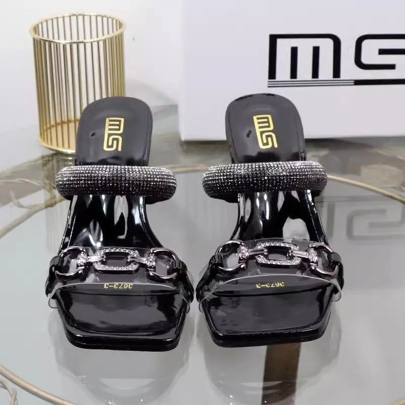 Women Sandals with Middle Heel Open Toes Anti Slip Rhinestones Chain Buckle 2025 New
