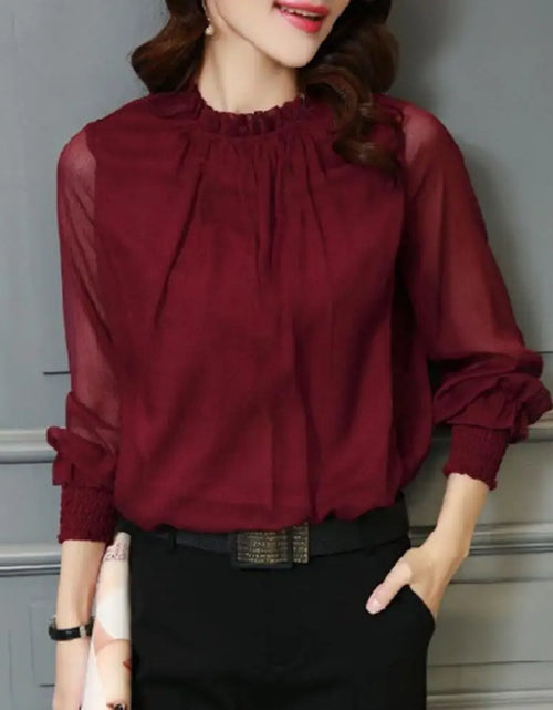 Load image into Gallery viewer, Women's Elegant Chiffon Blouse with Ruffle Collar And Elastic Cuffs Full Sleeve Solid Color Mesh Shirt
