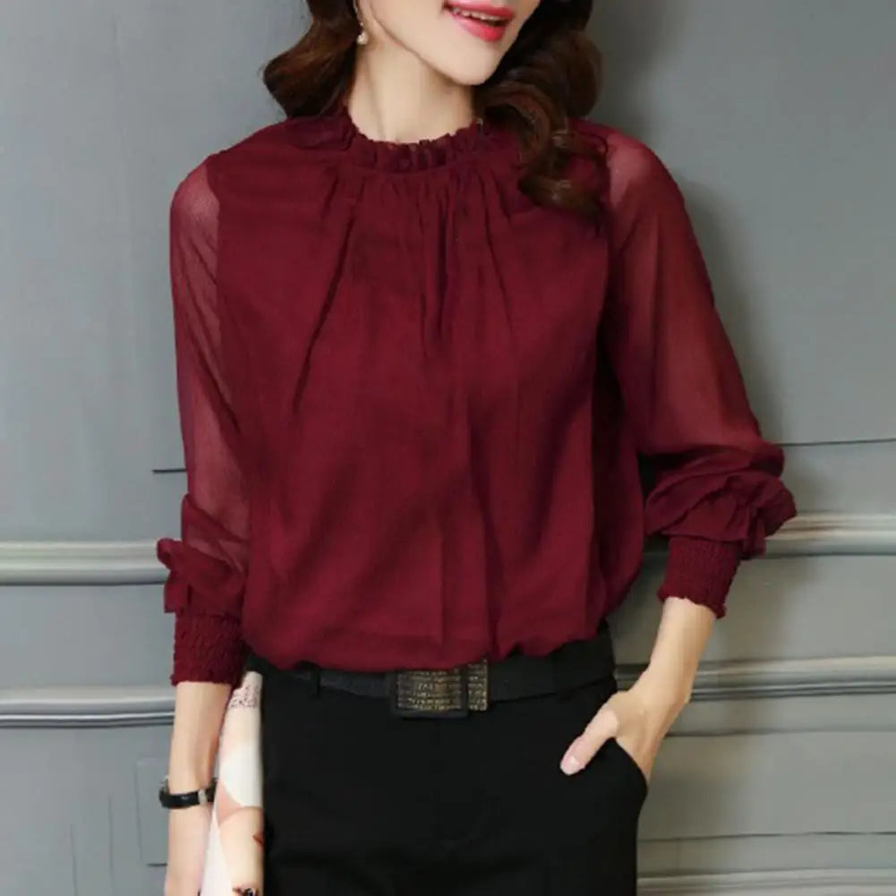 Women's Elegant Chiffon Blouse with Ruffle Collar And Elastic Cuffs Full Sleeve Solid Color Mesh Shirt