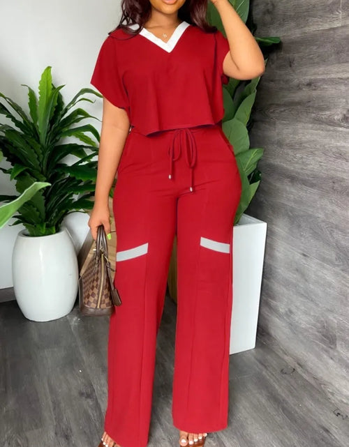 Load image into Gallery viewer, Elegant Women's Casual Short Sleeve T-shirt Sports Suit Summer Fashion Solid V Neck Short Top & Straight Pants Two Piece Sets