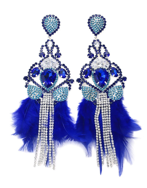 Load image into Gallery viewer, Bo ho Electric Blue Feather Tassel Dangling Earrings