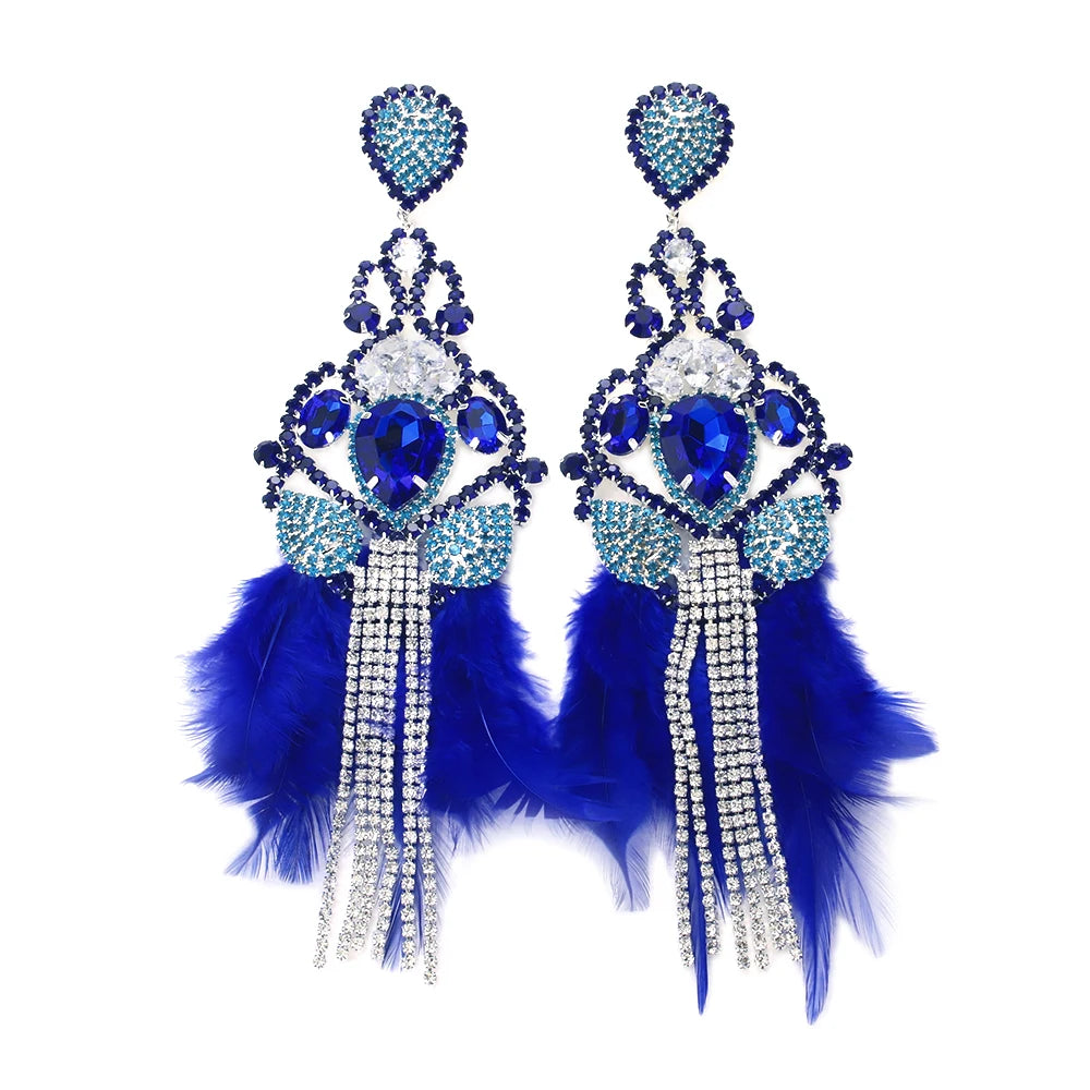 Bo ho Electric Blue Feather Tassel Dangling Earrings