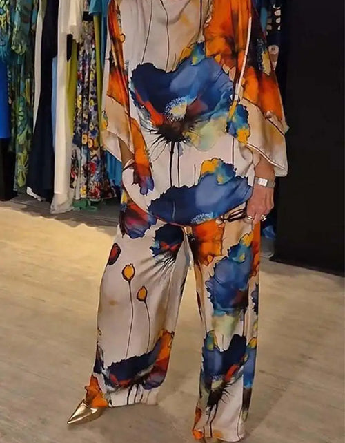Load image into Gallery viewer, Casual Sets for Women 2 pieces Summer Fashion Printed Satin Two Piece Sets Women Sexy Round Neck Top+Wide Leg Long Pants Outfits