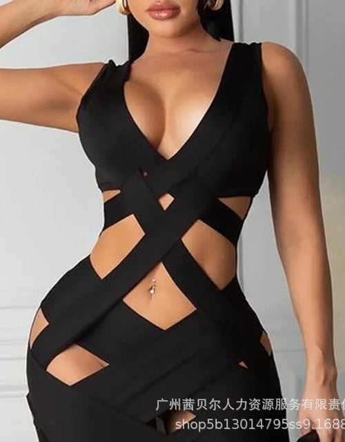 Load image into Gallery viewer, Sleeveless Tight Dress Hollow Out Sheath Mini Black Sexy Bodycon Dress Women