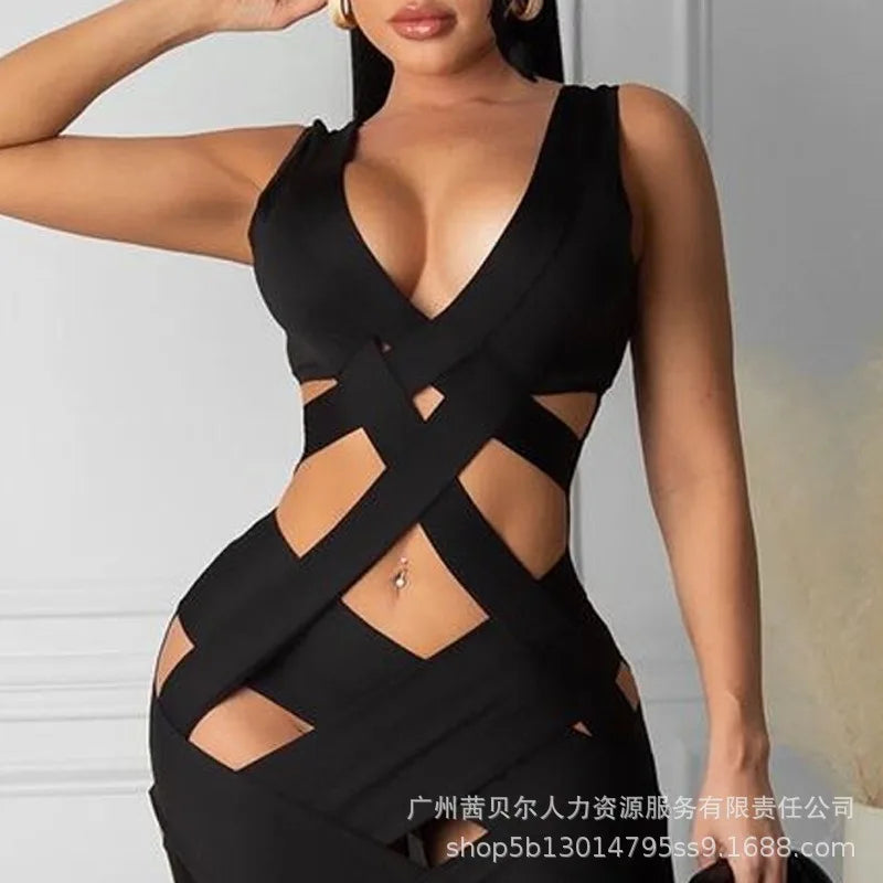 Sleeveless Tight Dress Hollow Out Sheath Mini Black Sexy Bodycon Dress Women