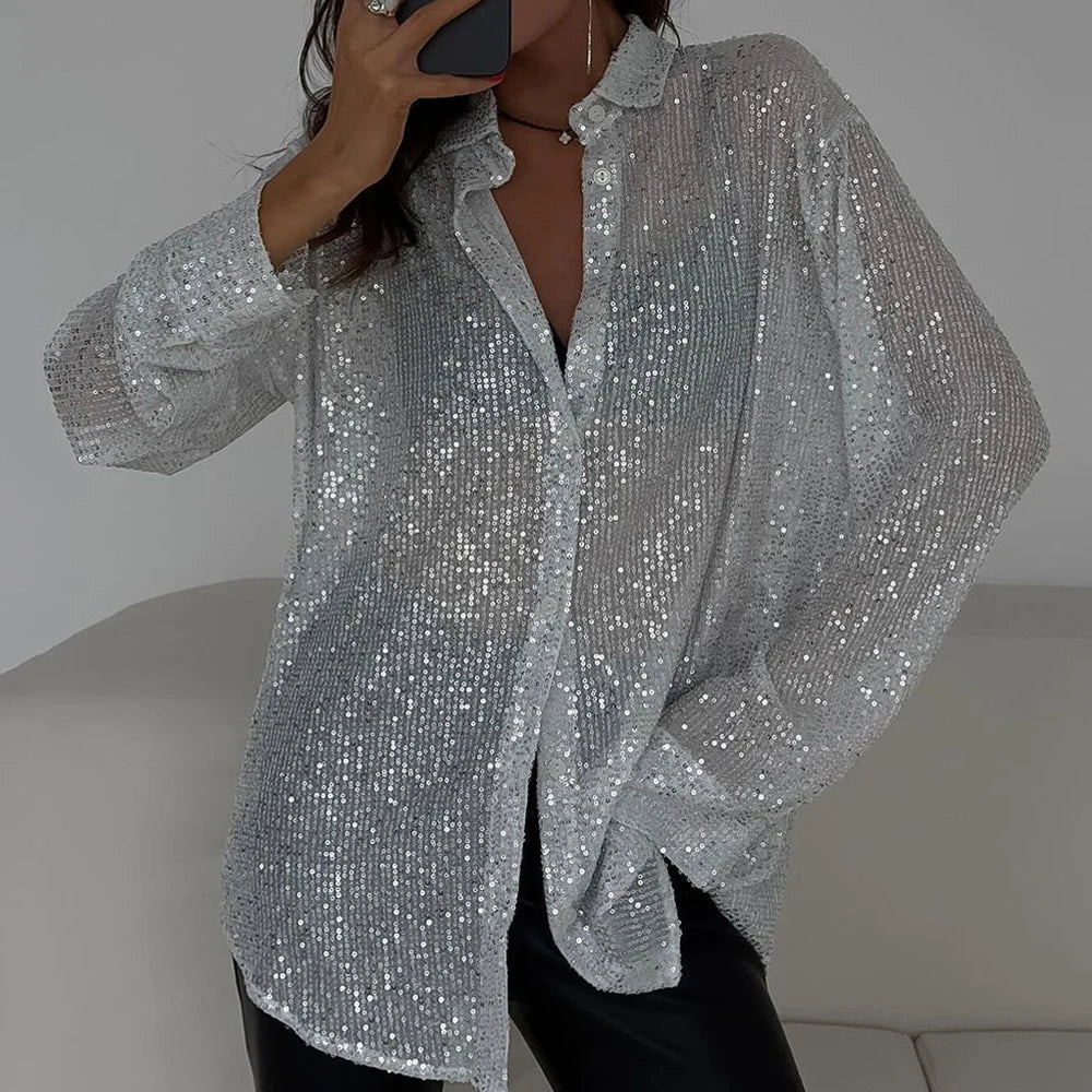 Women's Shirts  All Season Party Fashion Shiny  Single Breasted Button Long Sleeve Shirt Collar Shirts