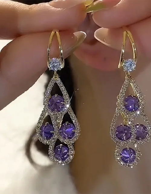 Load image into Gallery viewer, Purple Crystal Water Drop Long Tassel Earrings Women Design Sparkling