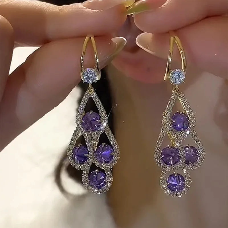Purple Crystal Water Drop Long Tassel Earrings Women Design Sparkling