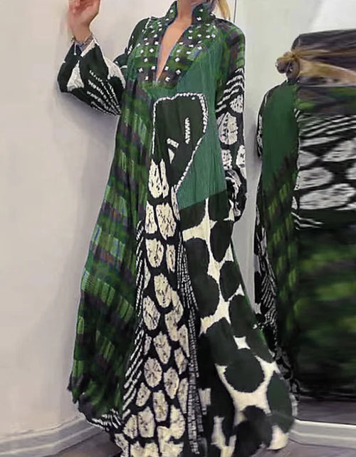 Load image into Gallery viewer, Elegant Bo Ho Pattern Print Women Maxi Dress  V Neck, Long Dress with Long Sleeves and Pockets