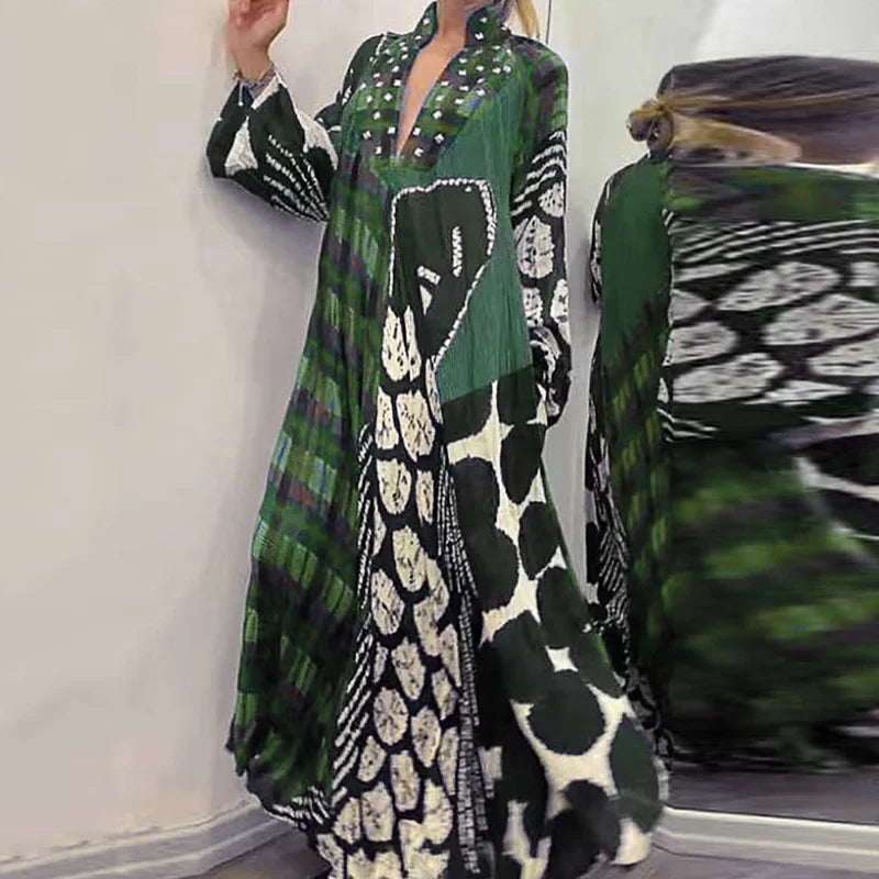 Elegant Bo Ho Pattern Print Women Maxi Dress  V Neck, Long Dress with Long Sleeves and Pockets