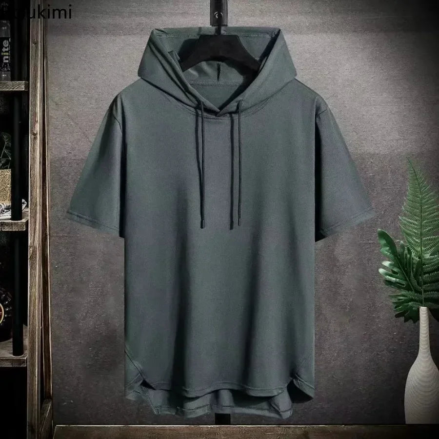 2025 Men's Summer Hoodies T-shirts Short Sleeve Solid Color Loose Hooded Drawstring Pullover Tops