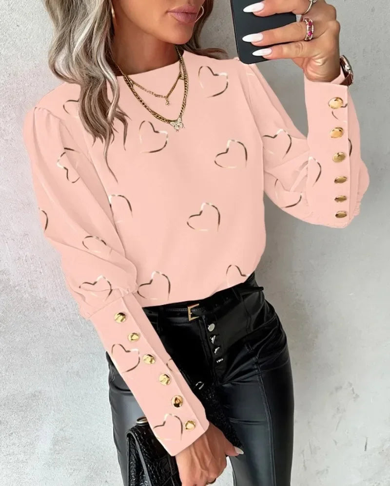 Women's  Fashionable  Heart Printed Long Sleeved Top