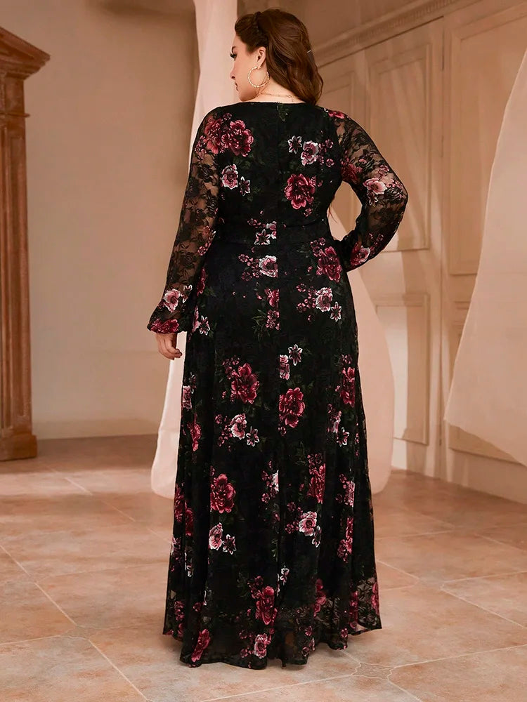 Spring Summer Lace Mesh Floral Print Lantern Sleeve Dress New Plus Size