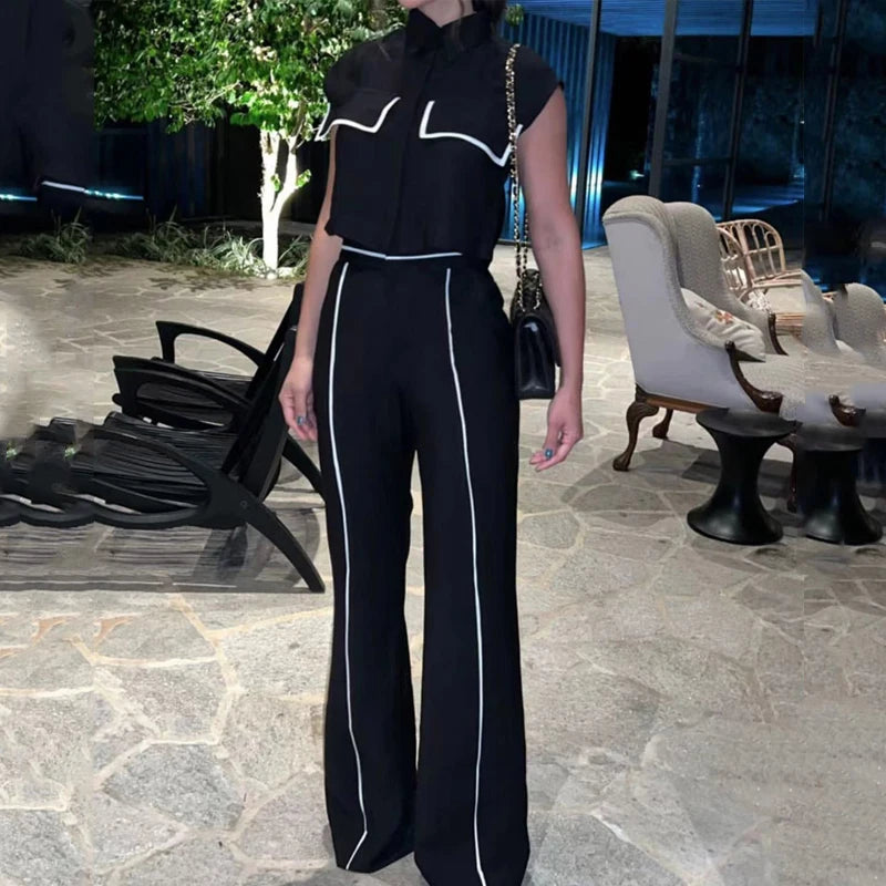 Women Two Piece Set  Contrast Button Sleeveless Vest Jacket Slim Top Loose With Pockets Pants Sets