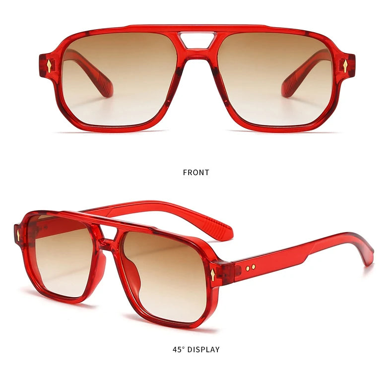 Vintage Double Bridges Men Square Sunglasses Fashion Clear Ocean Lens Eyewear  Trending Rivets Sun Glasses UV400