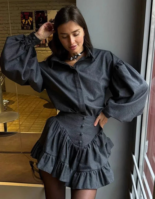 Load image into Gallery viewer, 2025 Spring New Women's Two Pieces Set Grid Pattern Long Sleeve Button Shirts High Waist Lotus Leaf Edge Mini Skirt