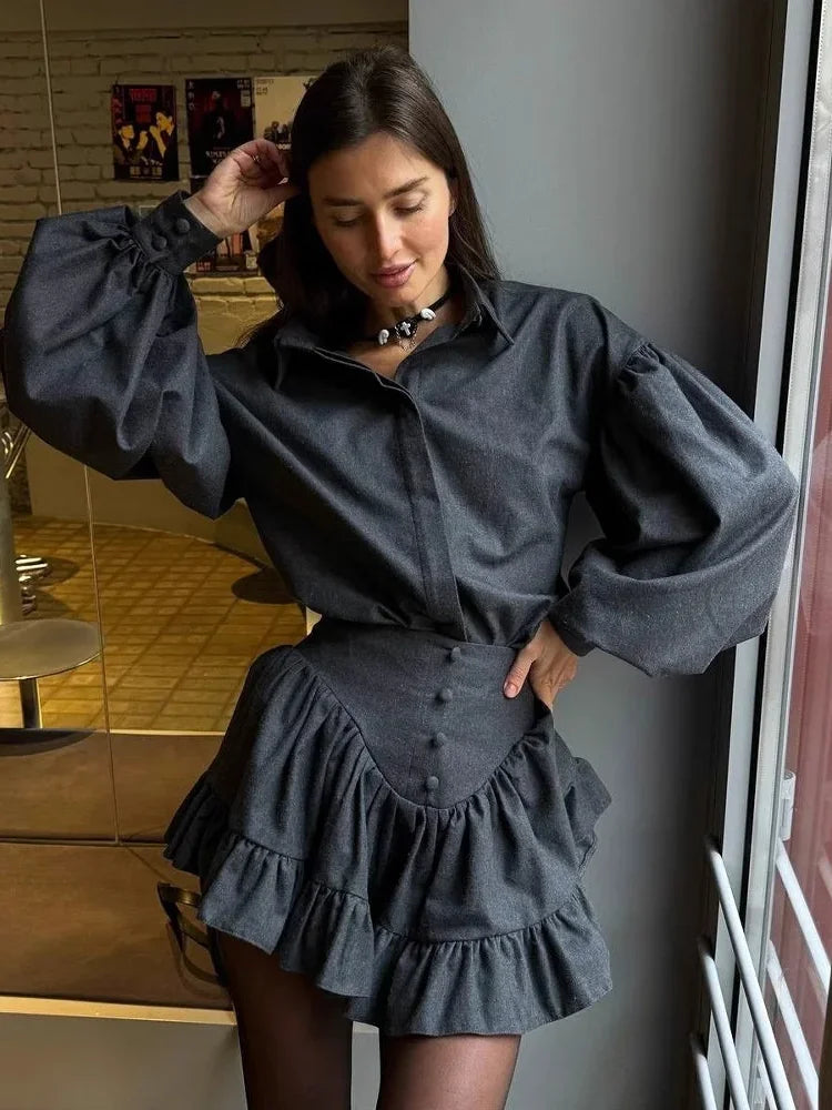 2025 Spring New Women's Two Pieces Set Grid Pattern Long Sleeve Button Shirts High Waist Lotus Leaf Edge Mini Skirt