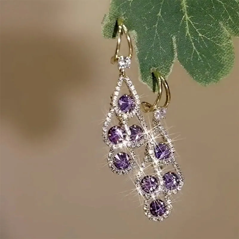 Purple Crystal Water Drop Long Tassel Earrings Women Design Sparkling