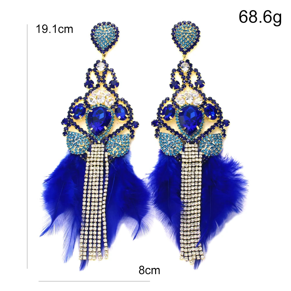 Bo ho Electric Blue Feather Tassel Dangling Earrings