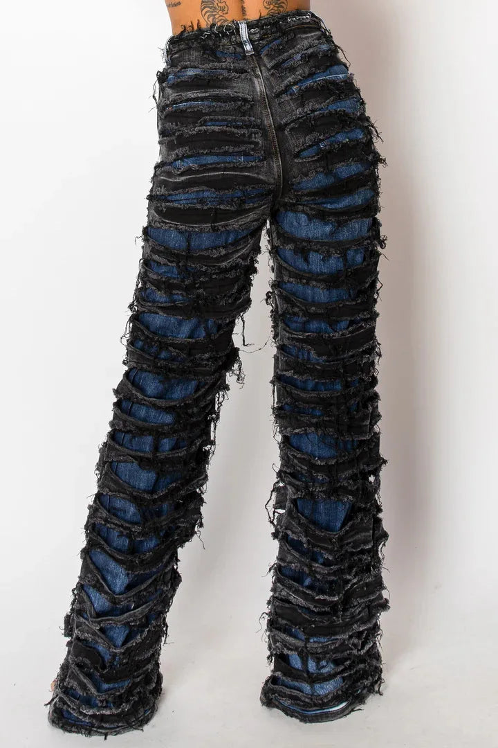Street Denim Pants Women Ripped Out Striped High Waist Zipper Jeans