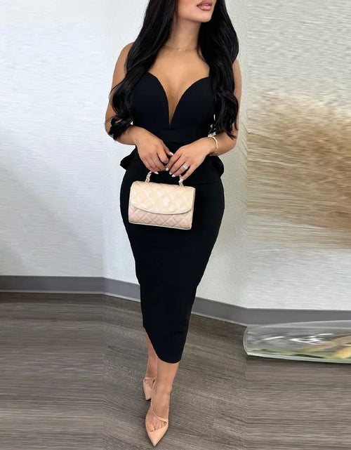 Load image into Gallery viewer, Sexy Party Dresses Women Plunging V-neck Sleeveless Backless Bowknot Ruffles Back Bodycon Midi Dress