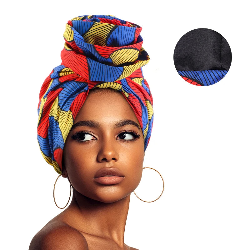 Woman African Satin Lined Turban Cap Big Flower Hat Floral Printed Headwrap Bonnet Headscarf Ladies