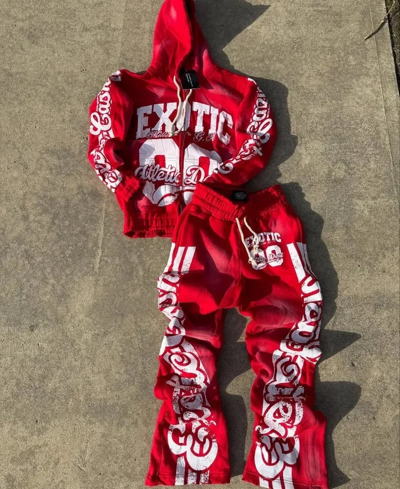 2025 High Street Trendy Brand Fashion Letter Print Zipper Hoodie  Retro Hip Hop Rock Trousers Set Women