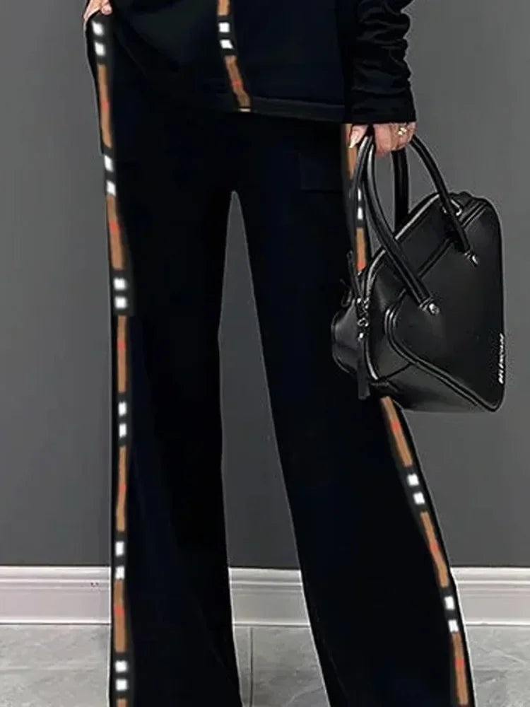 2025 Spring New Women's Long Pants Elastic High Waist Wide Leg Trousers Side-striped Casual Streetwear Commuter Pants
