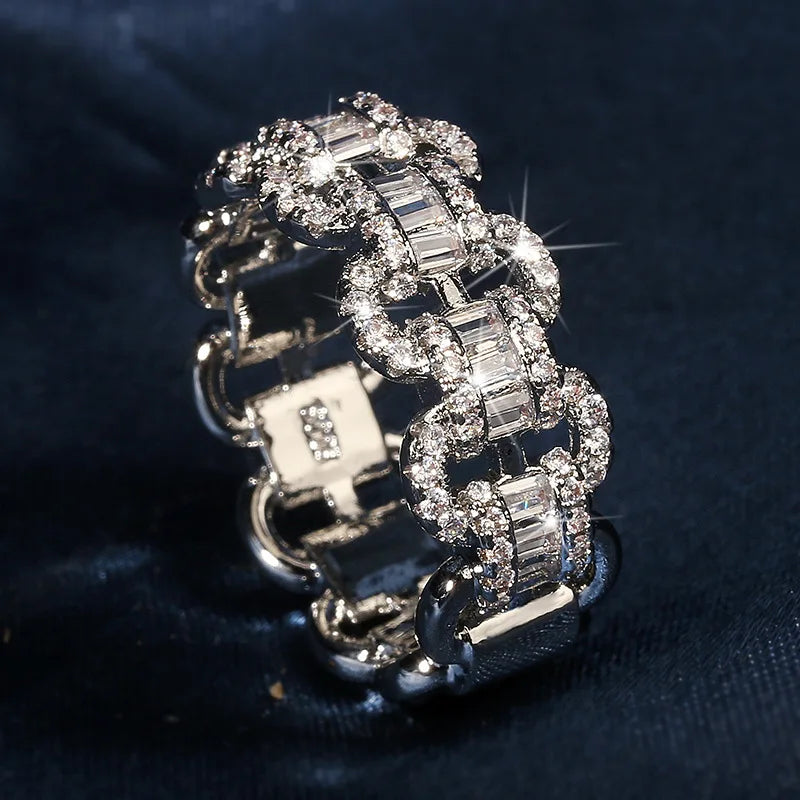 Fashion Luxury Large Row Flashing Zircon Ring  Chain Type 925 Stamp Jewelry