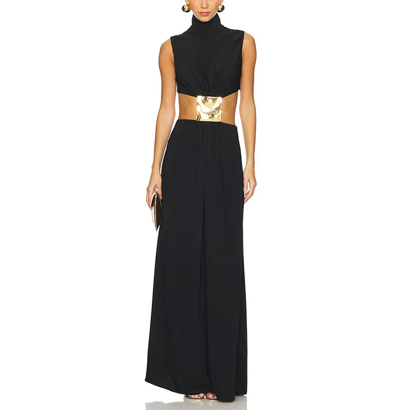 2025 Summer Fashion Temperament Solid Long Dress Sexy Sleeveless Pleats Robe Dress  Hollow Backless Long Dress